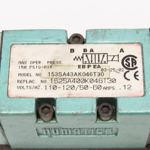 Numatics 153SA43AK046T30 2 Position Pneumatic Solenoid Valve 110/120V Coil