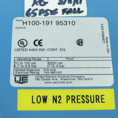 United Electric H100-191 95310 Pressure Switch 10-100PSI 15A 480VAC