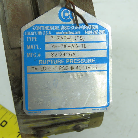 Continental Disc 8212426A 316 Stainless 3" Rupture Disc 275PSIG @ 400°F W/ Gauge