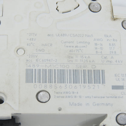 Allen Bradley 1489-M1C100 Ser D 10A Single 1-Pole Circuit Breaker 277V