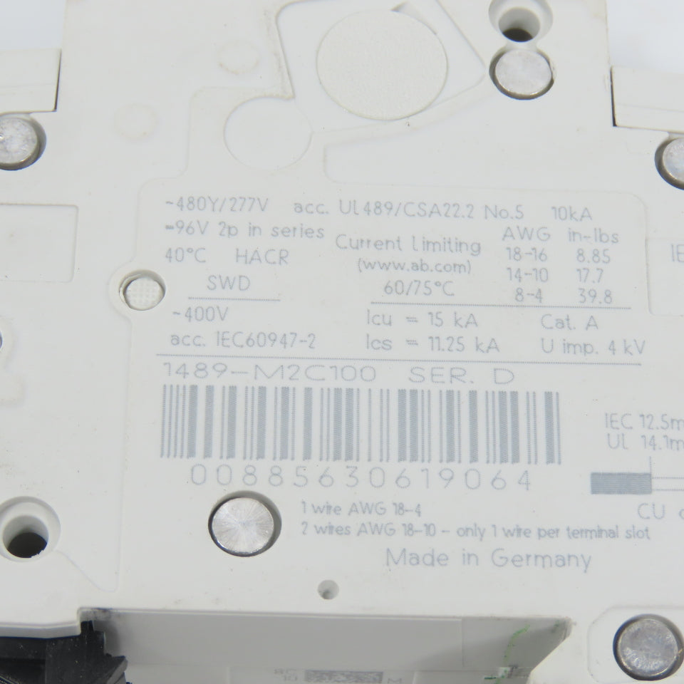Allen Bradley 1489-M2C100 Ser D 10A Two 2-Pole Circuit Breaker 480/277V