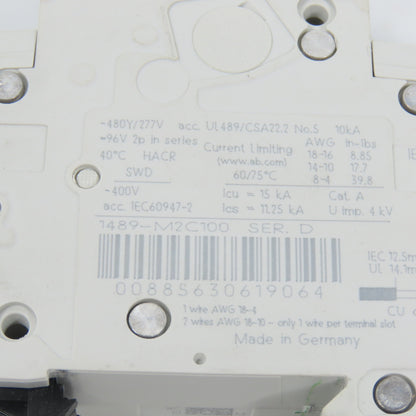 Allen Bradley 1489-M2C100 Ser D 10A Two 2-Pole Circuit Breaker 480/277V