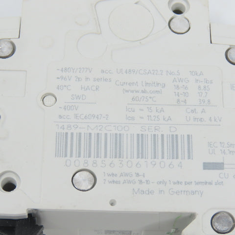 Allen Bradley 1489-M2C100 Ser D 10A Two 2-Pole Circuit Breaker 480/277V