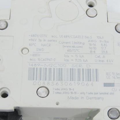 Allen Bradley 1489-M2C100 Ser D 10A Two 2-Pole Circuit Breaker 480/277V