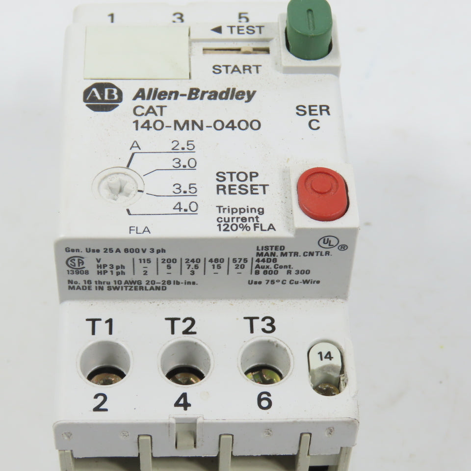 Allen Bradley 140-MN-0400 Ser C Manual Motor Starter / Protector 15HP 2.5-4.0A