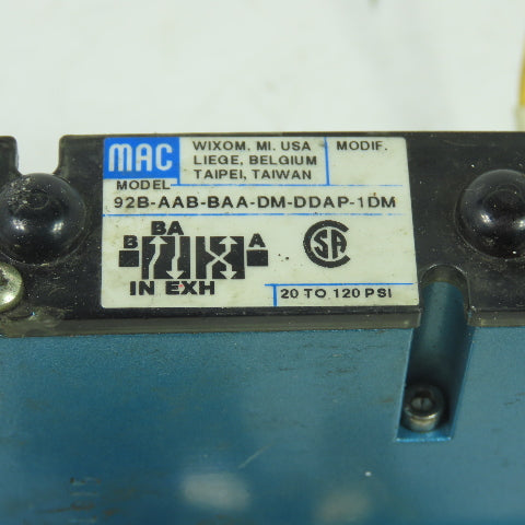 Mac 92B-AAB-BAA-DM-DDAP-1DM Solenoid Valve 120PSI 24VDC 1/4" NPT