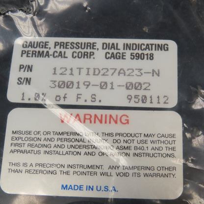 Perma-Cal 121TID27A23-N 0- (+/-) 30" Hg Process Gauge 5" Bottom Ported 1/2" NPT
