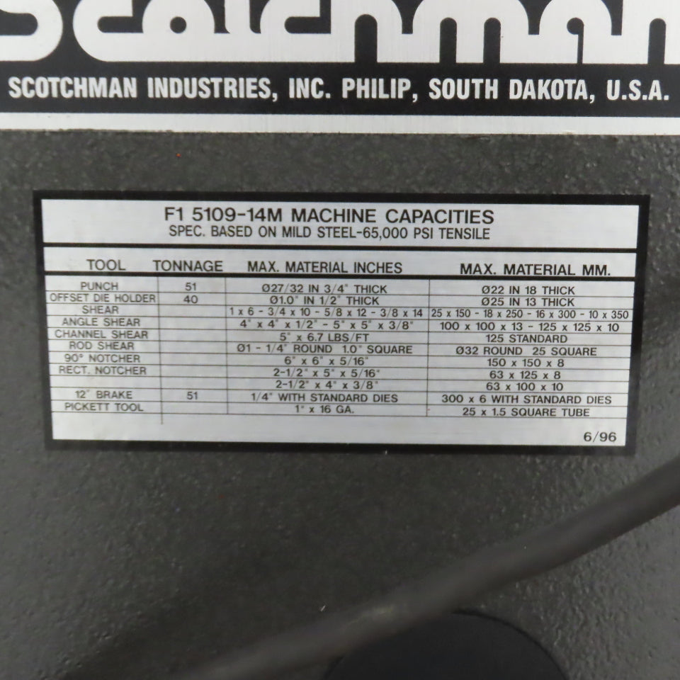 Scotchman F15109-14M 51 Ton Hydraulic Iron Worker Punch-Brake-Shear 5HP 3PH 460V