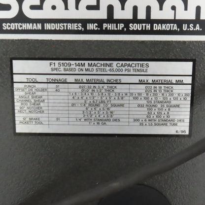 Scotchman F15109-14M 51 Ton Hydraulic Iron Worker Punch-Brake-Shear 5HP 3PH 460V