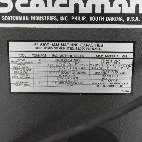 Scotchman F15109-14M 51 Ton Hydraulic Iron Worker Punch-Brake-Shear 5HP 3PH 460V