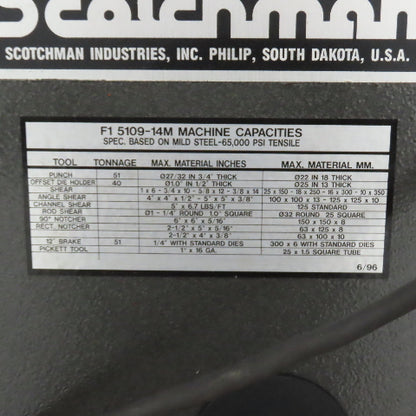 Scotchman F15109-14M 51 Ton Hydraulic Iron Worker Punch-Brake-Shear 5HP 3PH 460V