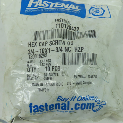 Fastenal 110120432 3/4"-10 x 1-3/4" Grade 5 Zinc Finish Hex Cap Screw Bag Of 10