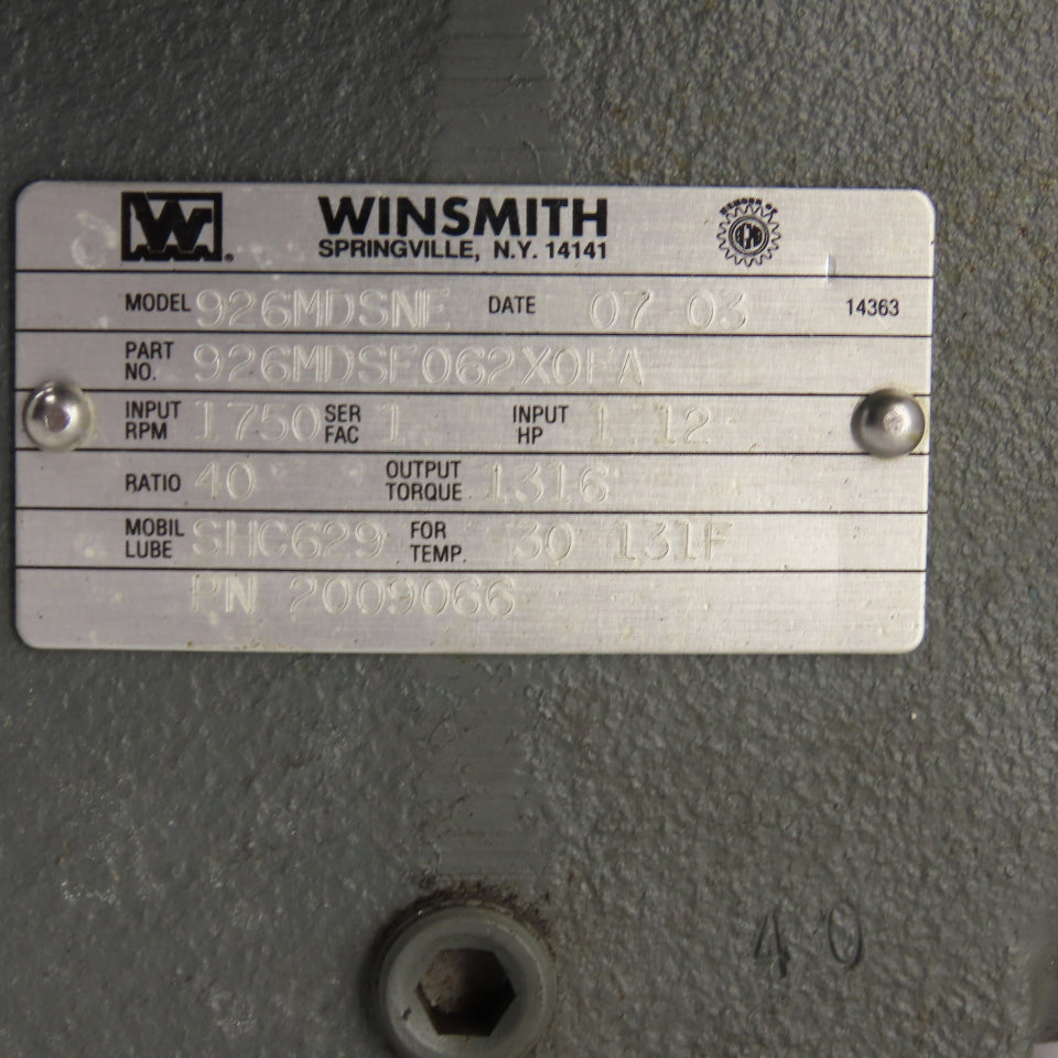Winsmith 926MDSNE 40:1 Ratio Dual Output Gear Speed Reducer 43RPM Out 1316 Torq