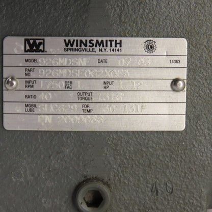 Winsmith 926MDSNE 40:1 Ratio Dual Output Gear Speed Reducer 43RPM Out 1316 Torq