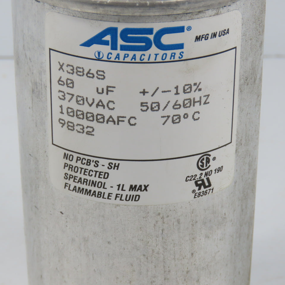 ASC X386S 370VAC Capacitor 60uF + / - 10% 10000AFC 50/60HZ 70°C
