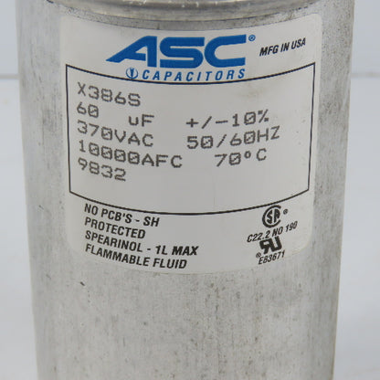 ASC X386S 370VAC Capacitor 60uF + / - 10% 10000AFC 50/60HZ 70°C