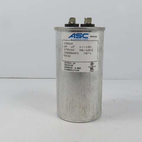 ASC X386S 370VAC Capacitor 60uF + / - 10% 10000AFC 50/60HZ 70°C