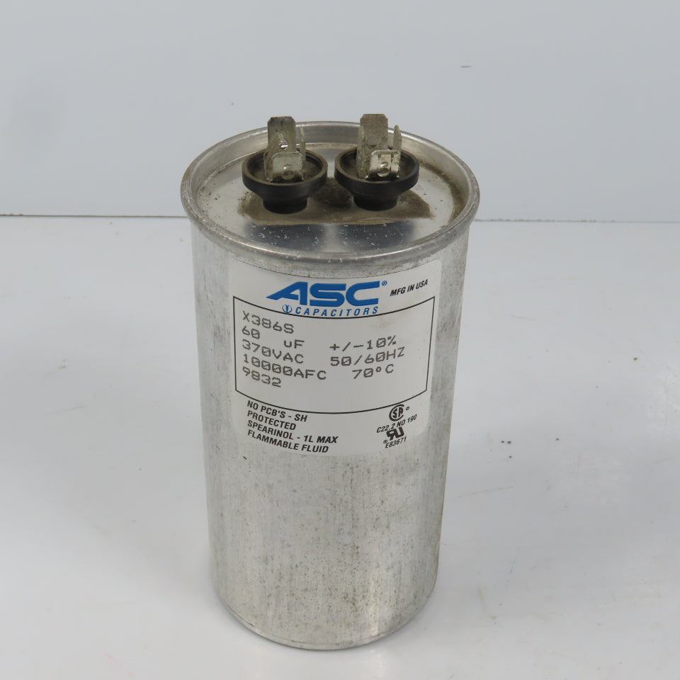 ASC X386S 370VAC Capacitor 60uF + / - 10% 10000AFC 50/60HZ 70°C