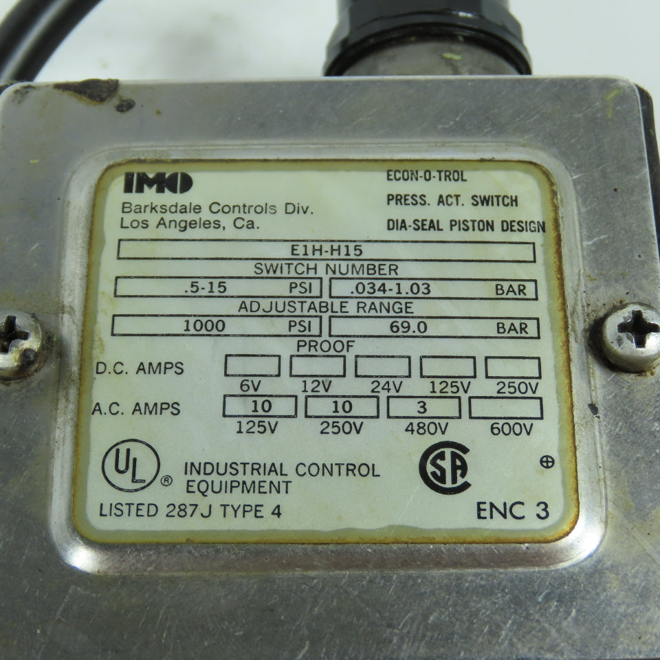 Barksdale E1H-H15 Adjustable Pressure Control Switch .5-15PSI 125-600VAC