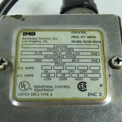 Barksdale E1H-H15 Adjustable Pressure Control Switch .5-15PSI 125-600VAC