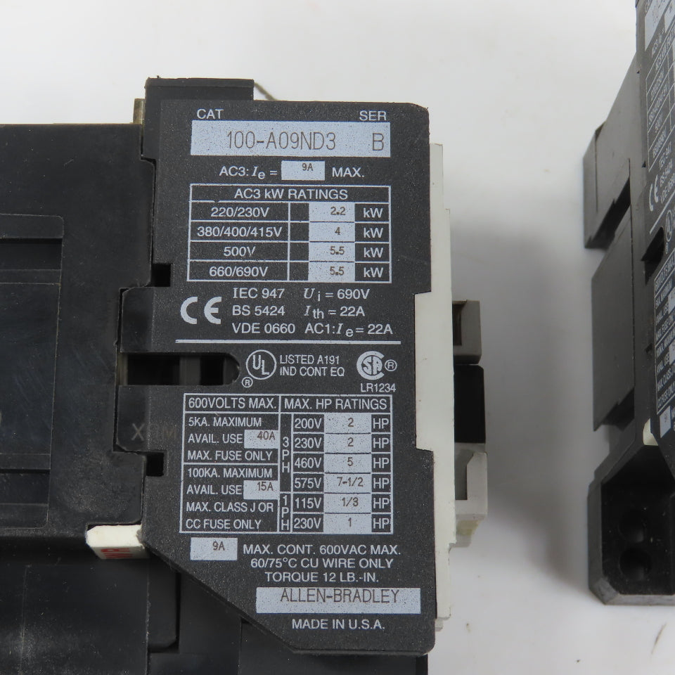 Allen Bradley 100-A09ND3 Ser B 9A 5HP Power IEC Contactor 120V Coil Lot Of 2