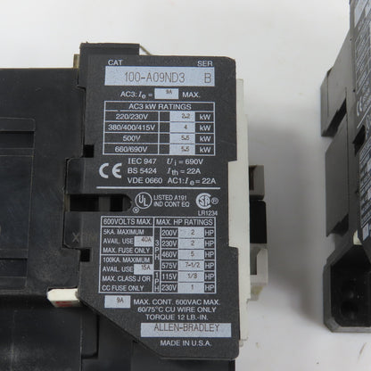 Allen Bradley 100-A09ND3 Ser B 9A 5HP Power IEC Contactor 120V Coil Lot Of 2