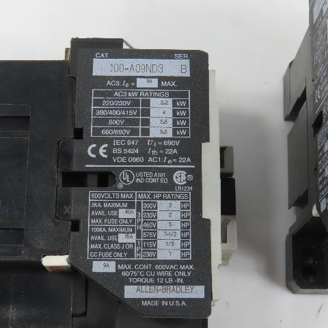 Allen Bradley 100-A09ND3 Ser B 9A 5HP Power IEC Contactor 120V Coil Lot Of 2