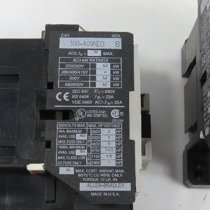 Allen Bradley 100-A09ND3 Ser B 9A 5HP Power IEC Contactor 120V Coil Lot Of 2
