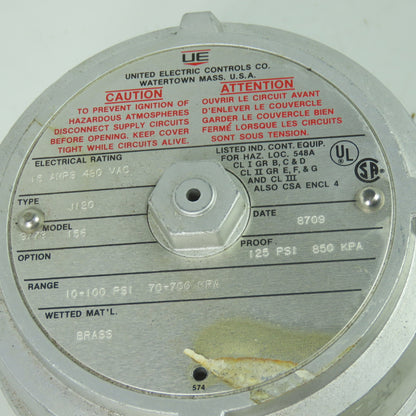 UE United Electric 9778 156 Pressure Switch 15A 480VAC 125PSI 850KPA