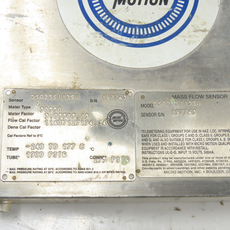 Micro Motion DS025S113SU 1/2" Mass Flo Sensor 1900PSIG Tube