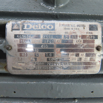 Delco 4G3154 10HP 3-Phase Electric Motor 1760RPM 460V 13A 256U Frame Tested