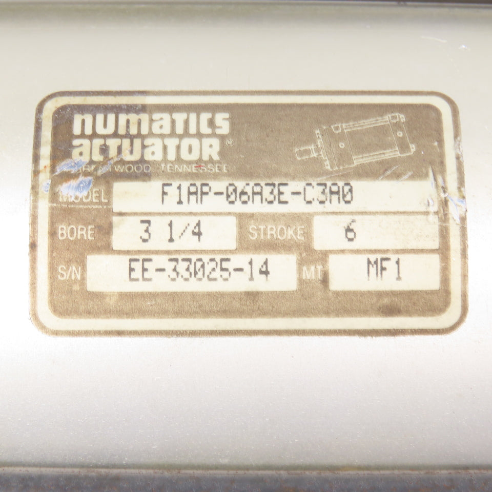 Numatics F1AP-06A3E-C3A0 3-1/4" Bore 6" Stroke Double Acting Air Cylinder
