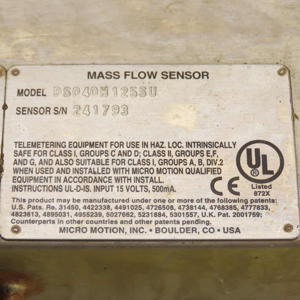Micro Motion DS040H125SU Mass Flow Sensor Transmitter -240° To 177°C