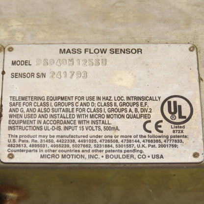 Micro Motion DS040H125SU Mass Flow Sensor Transmitter -240° To 177°C