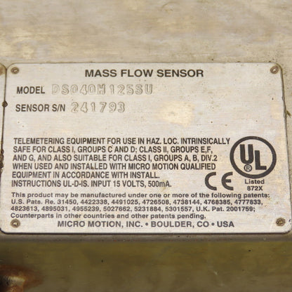 Micro Motion DS040H125SU Mass Flow Sensor Transmitter -240° To 177°C