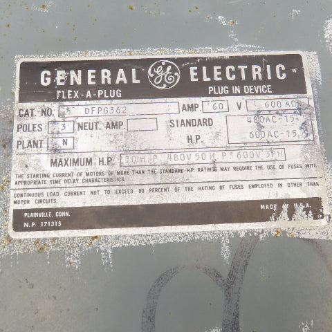 General Electric DFPG362 60A 600V 3 Pole Fused Flex-A-Plug Bus Plug Disconnect