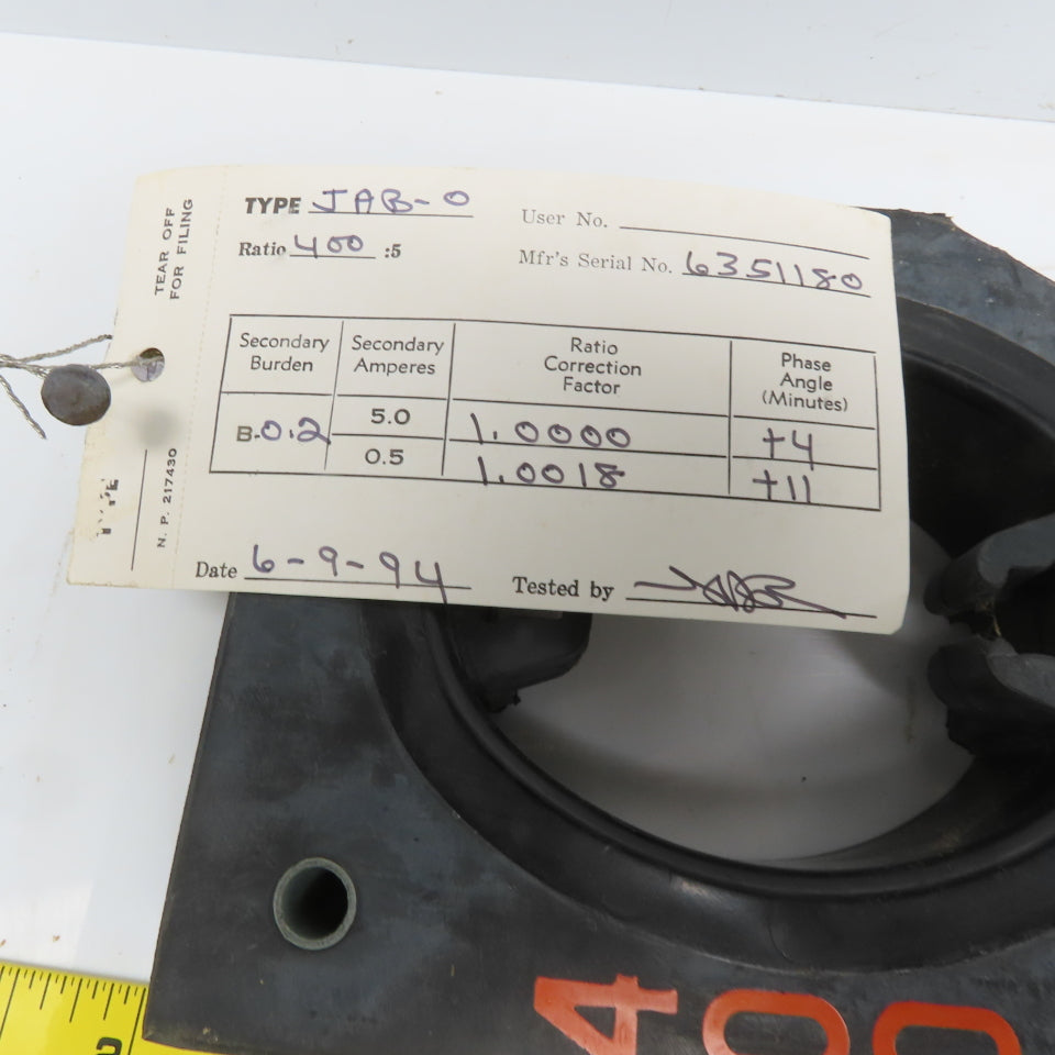 General Electric 750X36G 204 JAB-O 400:5 Current Transformer W/Test Certificate