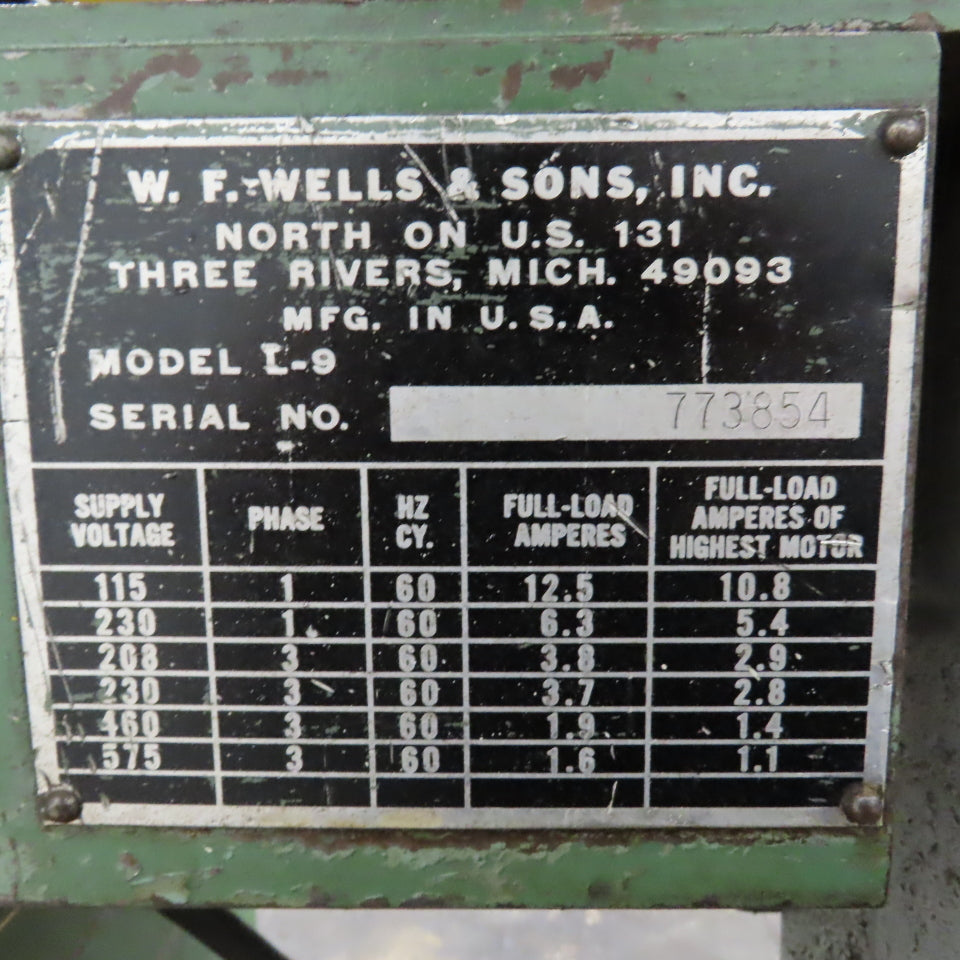 W.F. Wells & Sons L-9 3/4HP 9 x 14" Horizontal Metal Bandsaw 60-287 FPM 3PH