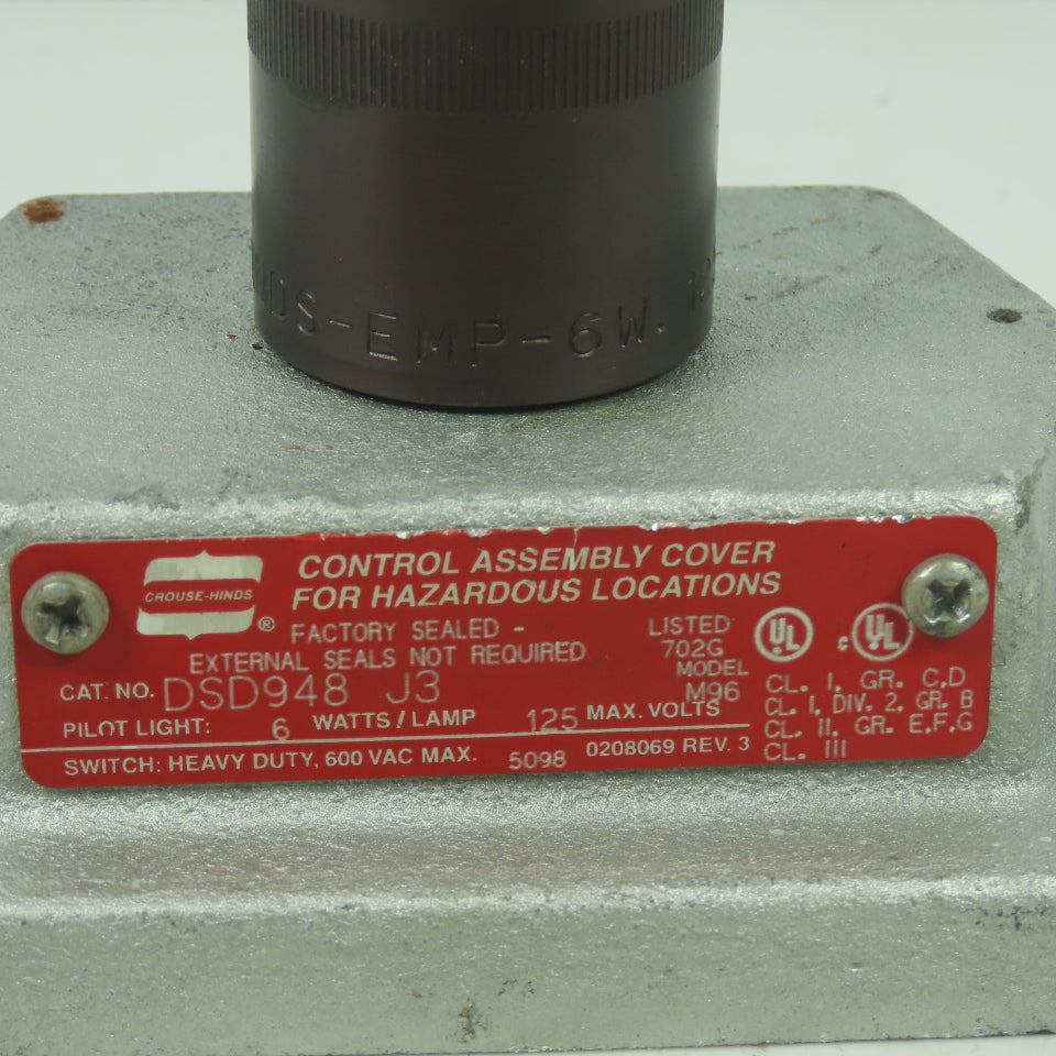 Crouse-Hinds DSD948 J3 Heavy Duty Hazardous Location Pilot Light Cover 600VAC