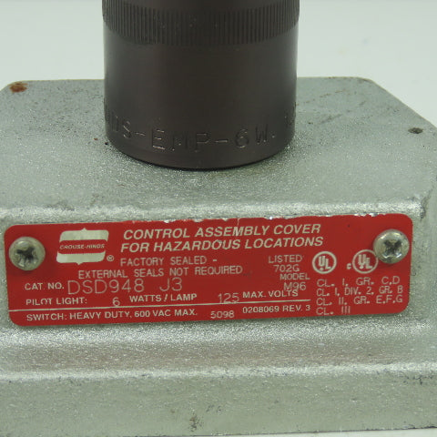 Crouse-Hinds DSD948 J3 Heavy Duty Hazardous Location Pilot Light Cover 600VAC