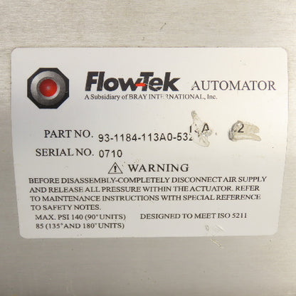 FlowTek 93-1184-113A0-532 Double Acting Pneumatic Valve Actuator W/ 8551A001MS