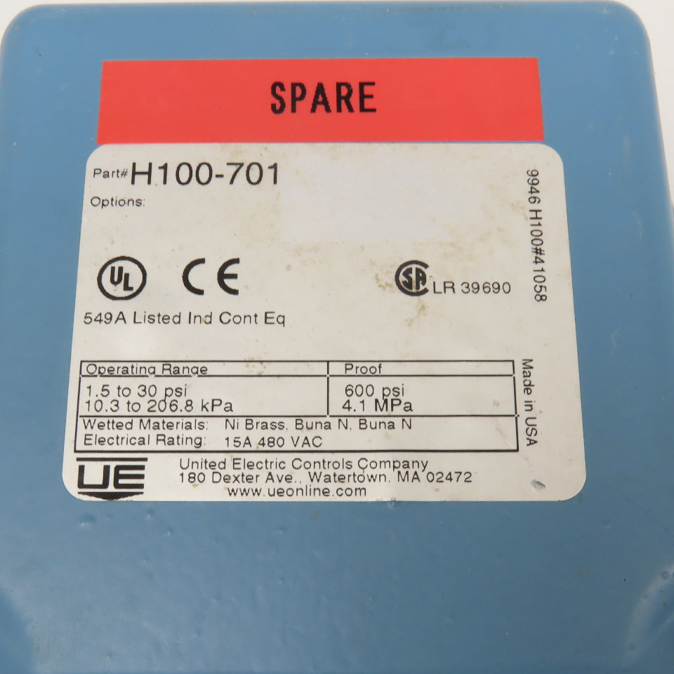 United Electric H100-701 1.5-30PSI 480V Pressure Switch 600PSI Proof