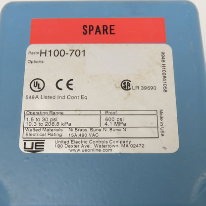 United Electric H100-701 1.5-30PSI 480V Pressure Switch 600PSI Proof