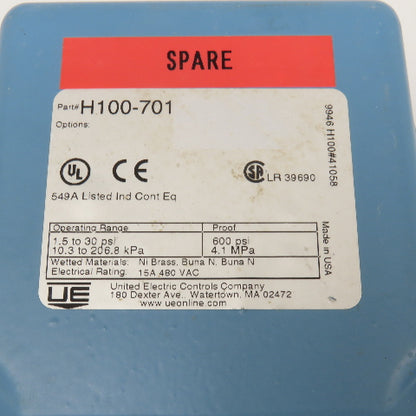 United Electric H100-701 1.5-30PSI 480V Pressure Switch 600PSI Proof