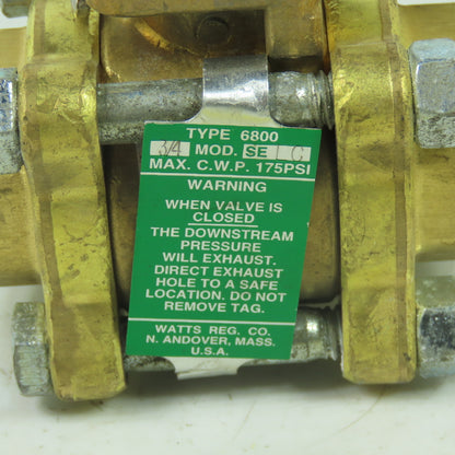 Watts Mod. SE C Type 6800 3/4" NPT Ball Valve 175PSI