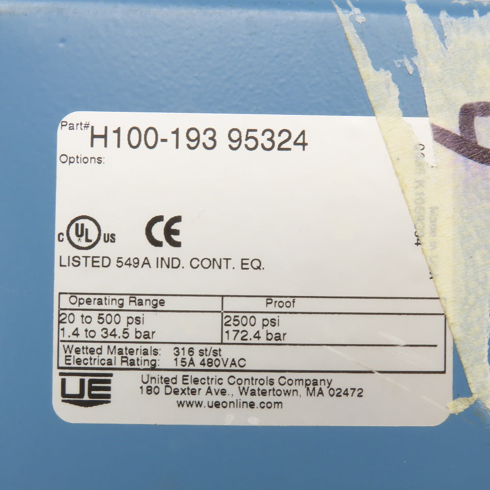 United Electric H100-193 95324 20-500PSI 480V Pressure Switch 2500PSI Proof