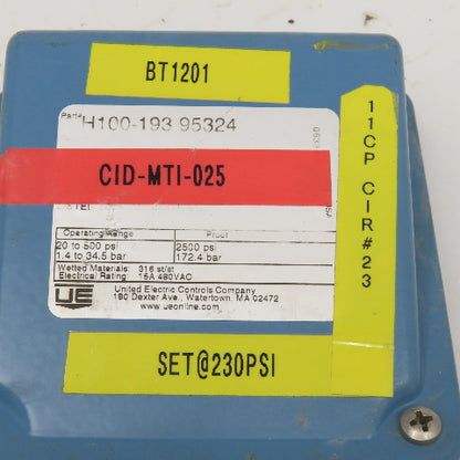 United Electric H100-193 95324 20-500PSI 480V Pressure Switch 2500PSI Proof