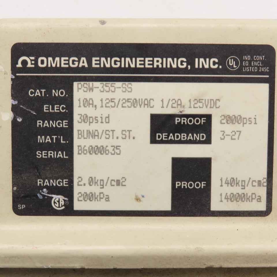 Omega PSW-355-SS 30PSID Range 125/250VAC Pressure Switch 2000PSI Proof