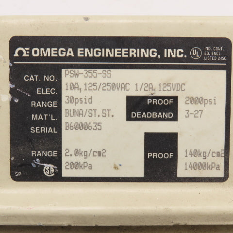 Omega PSW-355-SS 30PSID Range 125/250VAC Pressure Switch 2000PSI Proof