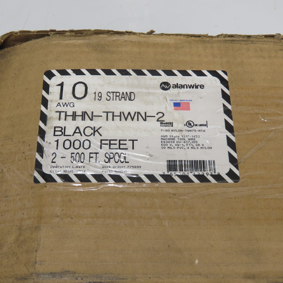 Alanwire 10AWG 19-Strand THHN-THWN-2 Black Wire 100' L